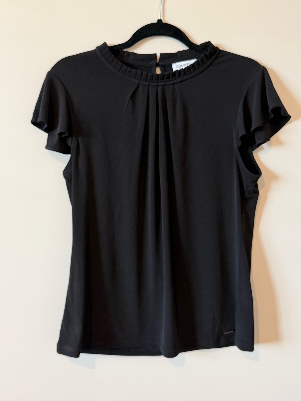 Calvin Klein Black Ruffle Sleeve Pleated Neck Top